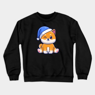 Cute Shiba Inu Dog Winter Sitting With Beanie Hat Cartoon Crewneck Sweatshirt